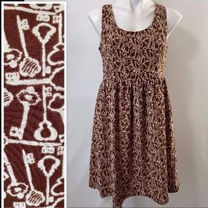 Fossil Key Print Brown A-Line Midi Large Dress
